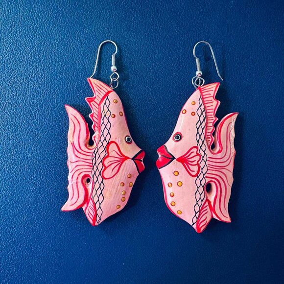 Don't Swim With the Fishes, Wear Them! Big Pink Fish Wood Earrings. - Picture 1 of 5